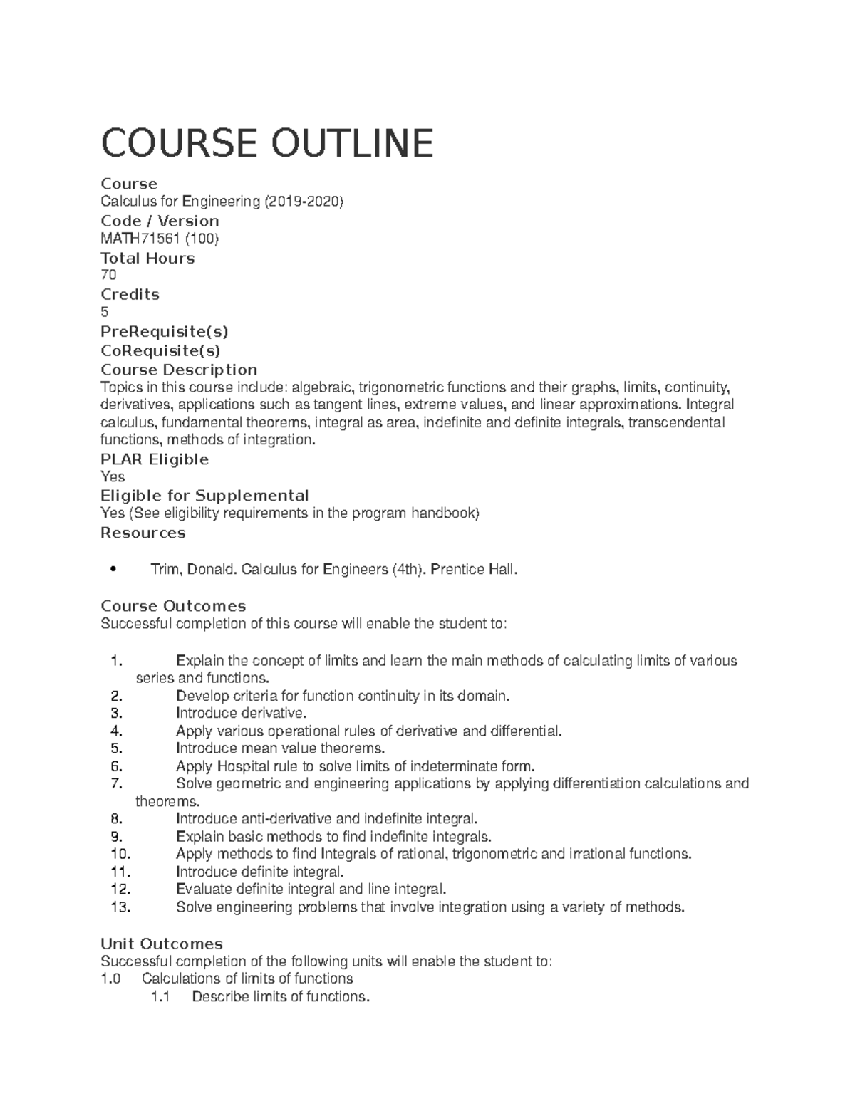 MATH71561 Course Outline for Calculus for Engineering (2019-2020) - Studocu