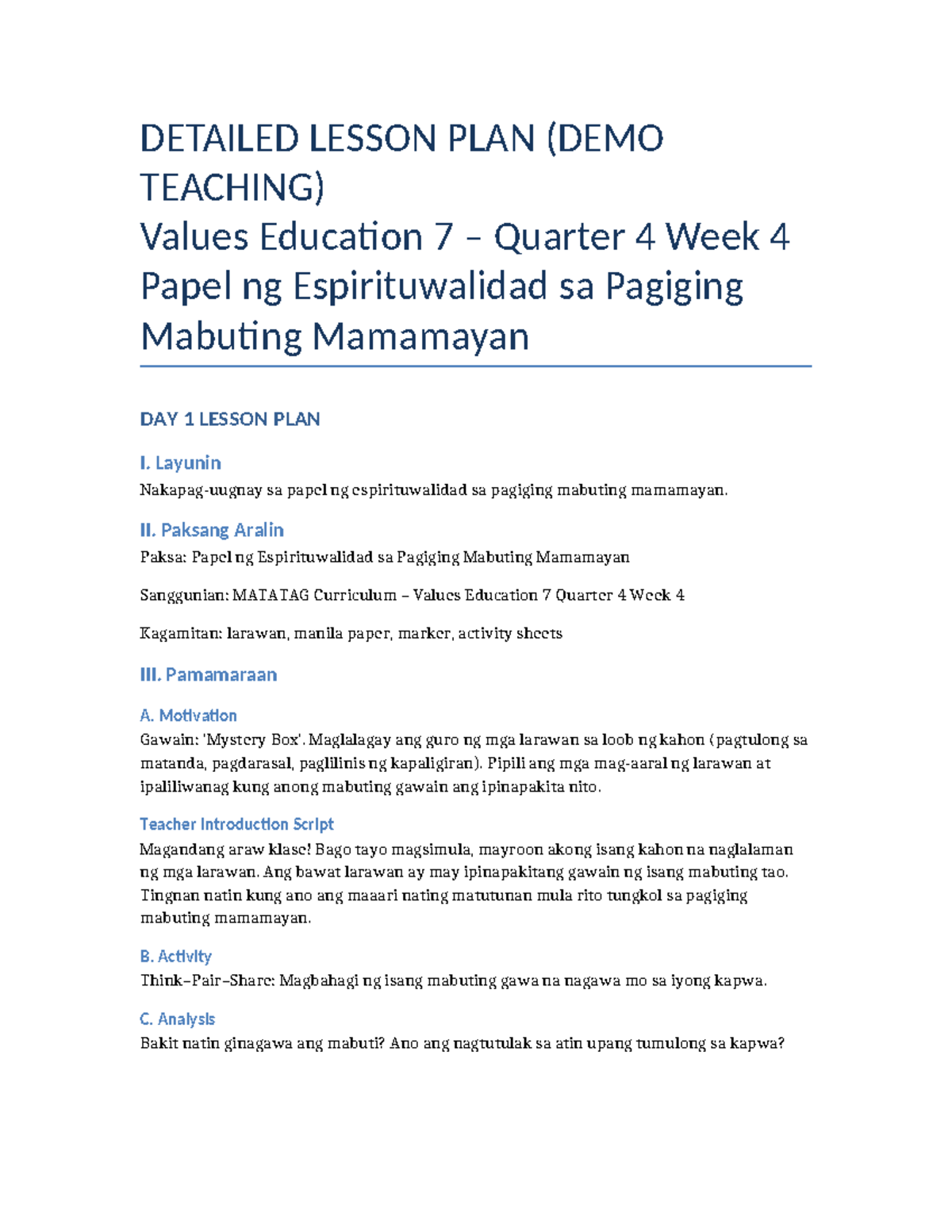 4A Detailed Lesson Plan Values Ed Demo - DETAILED LESSON PLAN (DEMO ...
