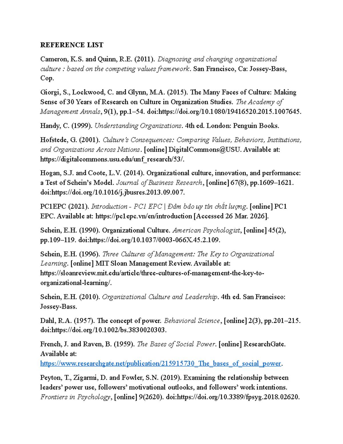 Organizational Culture References - Course Code: PC1EPC - Studocu