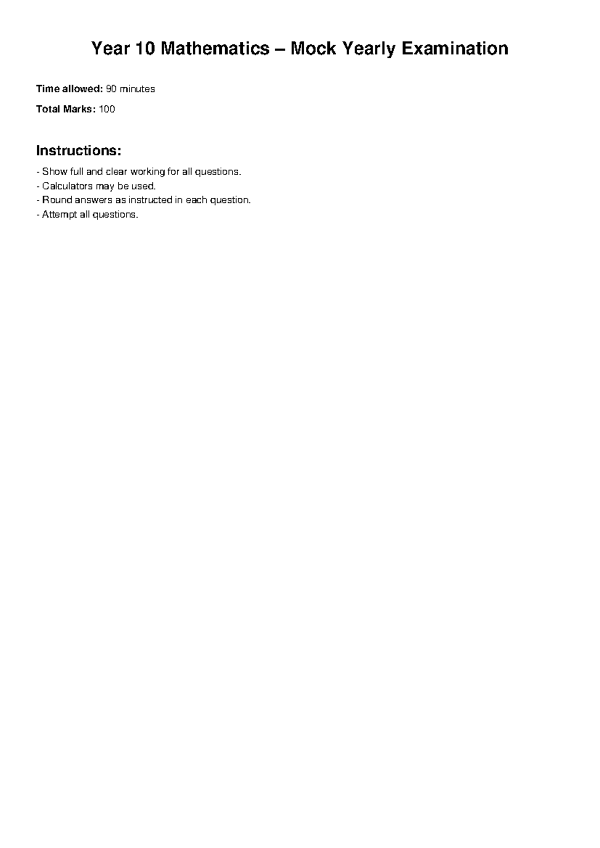 Year 10 Maths Mock Yearly Exam - Practice Questions - Studocu