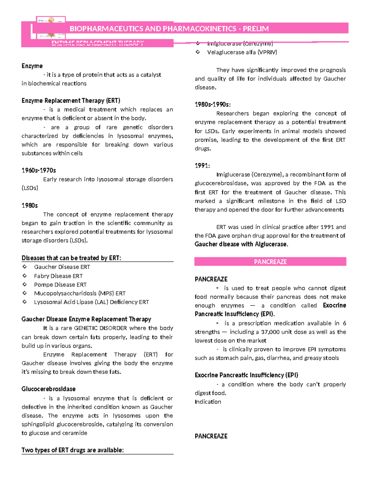 Biopharm Prelim - Report - ENZYME REPLACEMENT THERAPY Enzyme - it is a ...
