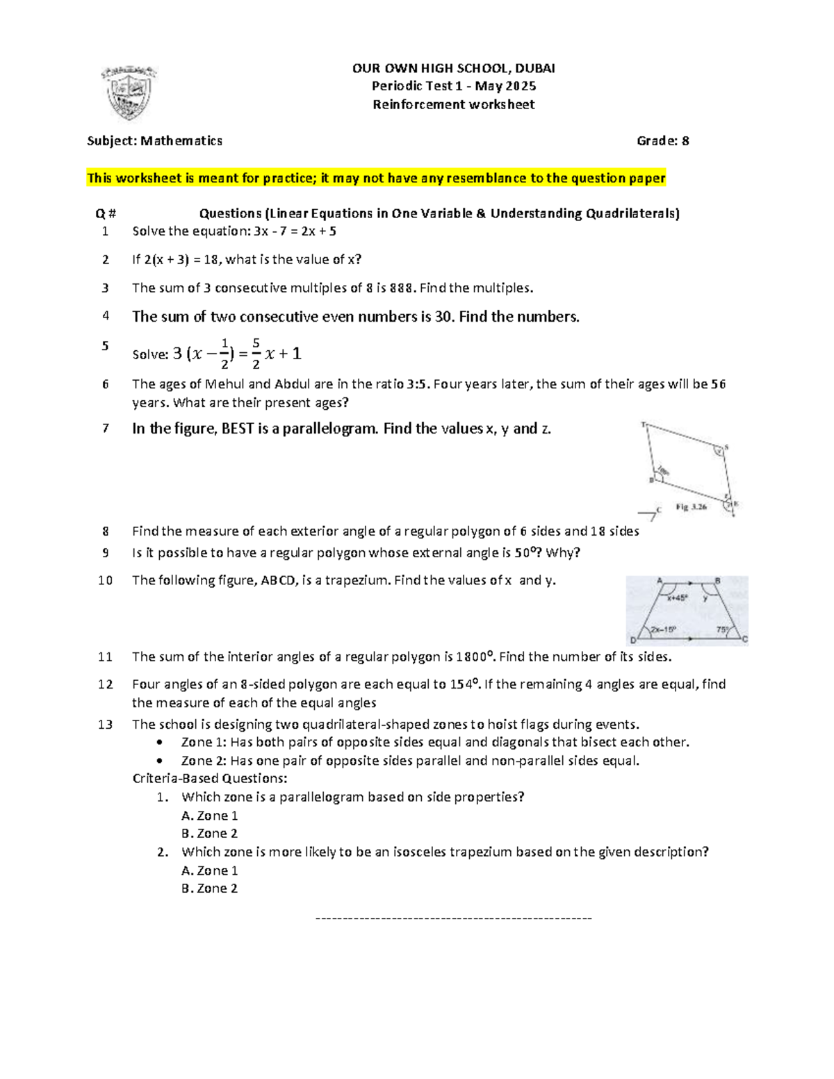 Mathematics Grade 8 Periodic Test 1 Reinforcement Worksheet - Studocu
