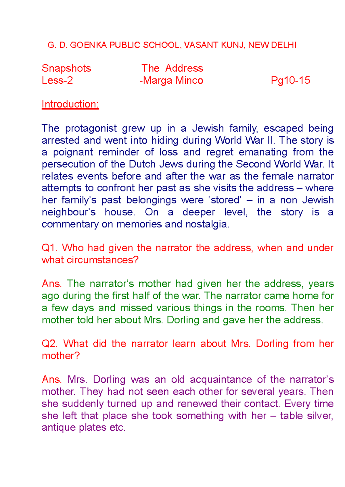 The Address: Study Notes for G. D. Goenka Public School Students - Studocu