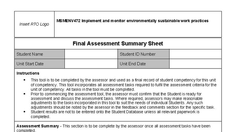 Final Assessment Summary Sheet for MSMENV472 - Studocu