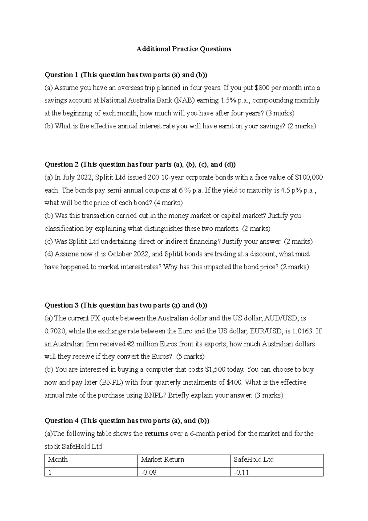 Additional Practice Questions for Finance Course (FIN101) - Studocu