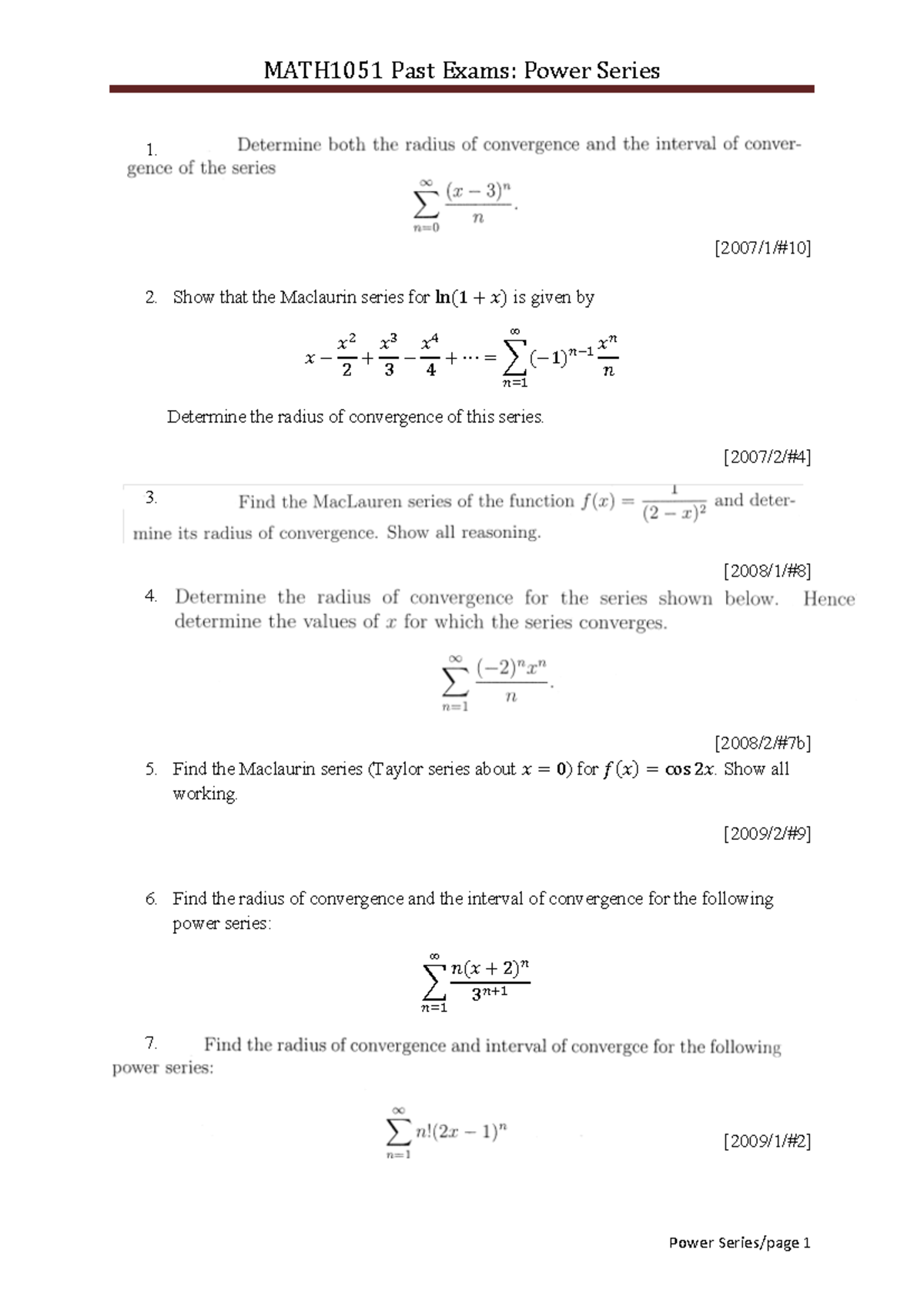 MATH1051 Past Exams: Power Series Questions and Solutions - Studocu