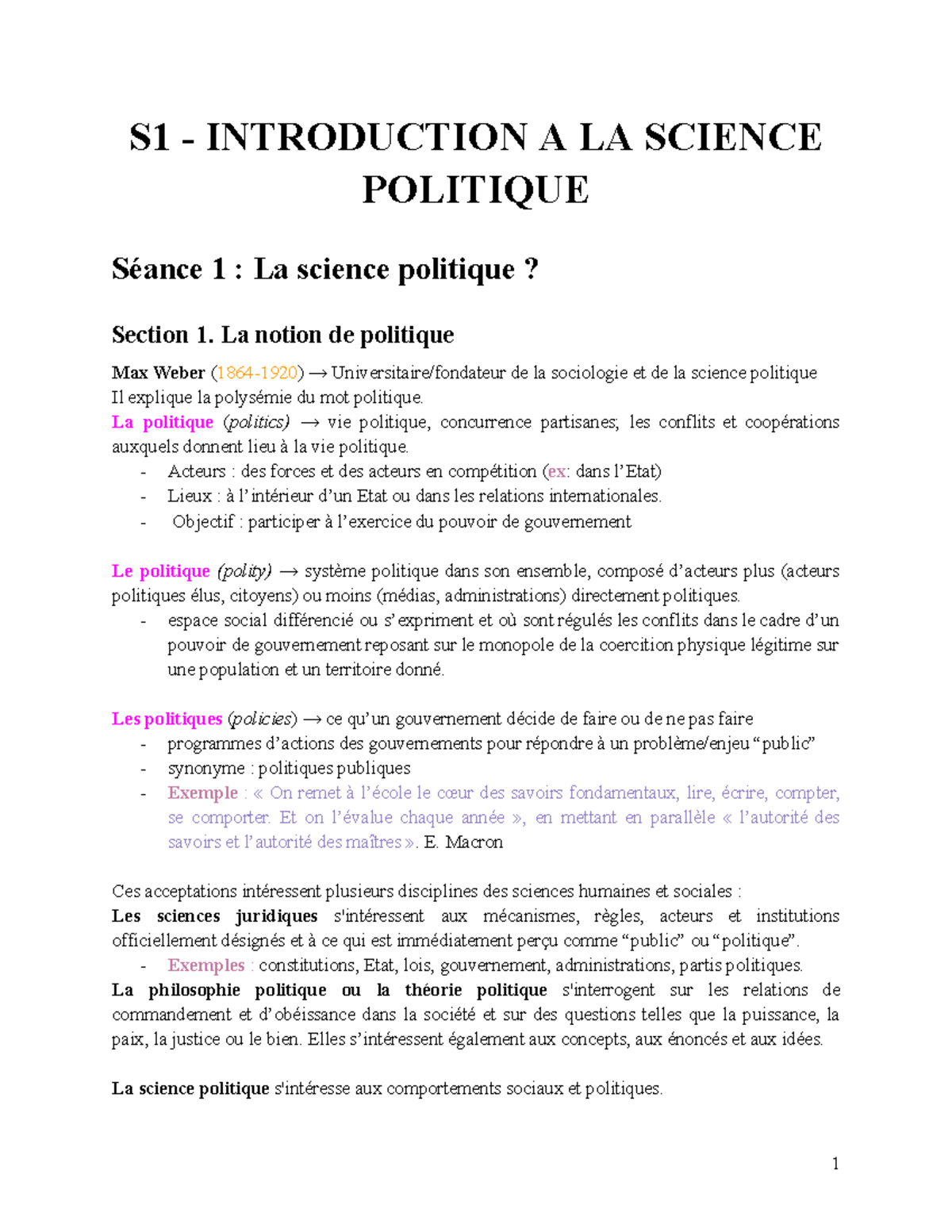 S1 - CM - Introduction à la Science Politique : Concepts et Disciplines ...