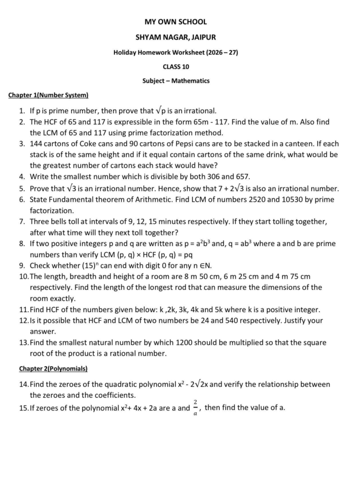 Class 10 Summer Holiday Homework Worksheet 2026-27: Mathematics ...
