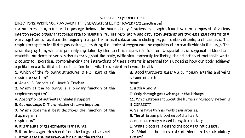 Science-9 Q1 Unit Test: Human Body Systems & Genetics - Studocu
