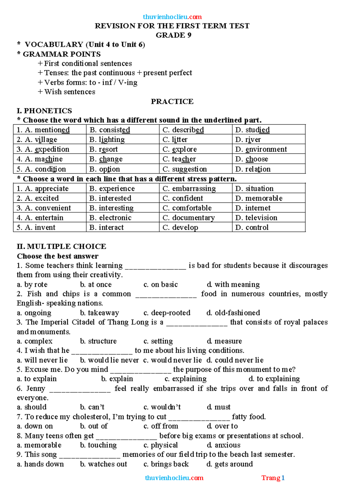 Thuvienhoclieu.com GRADE 9 FIRST TERM TEST REVISION: VOCAB & GRAMMAR ...
