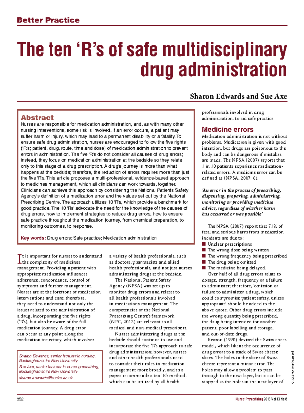 10 'R's Framework for Safe Multidisciplinary Drug Admin (Nursing) - Studocu