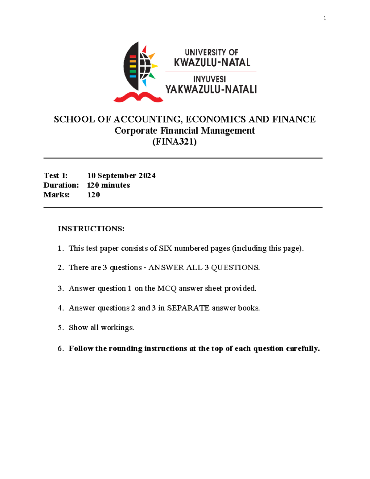 FINA321 Corporate Financial Management Test 1 Solutions (2024) - Studocu