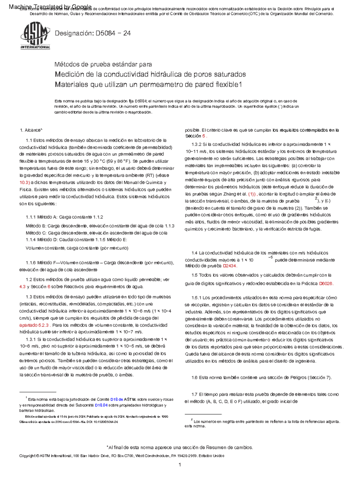 D5084-24 - Métodos de Ensayo para Conductividad Hidráulica en Materiales - Document Preview