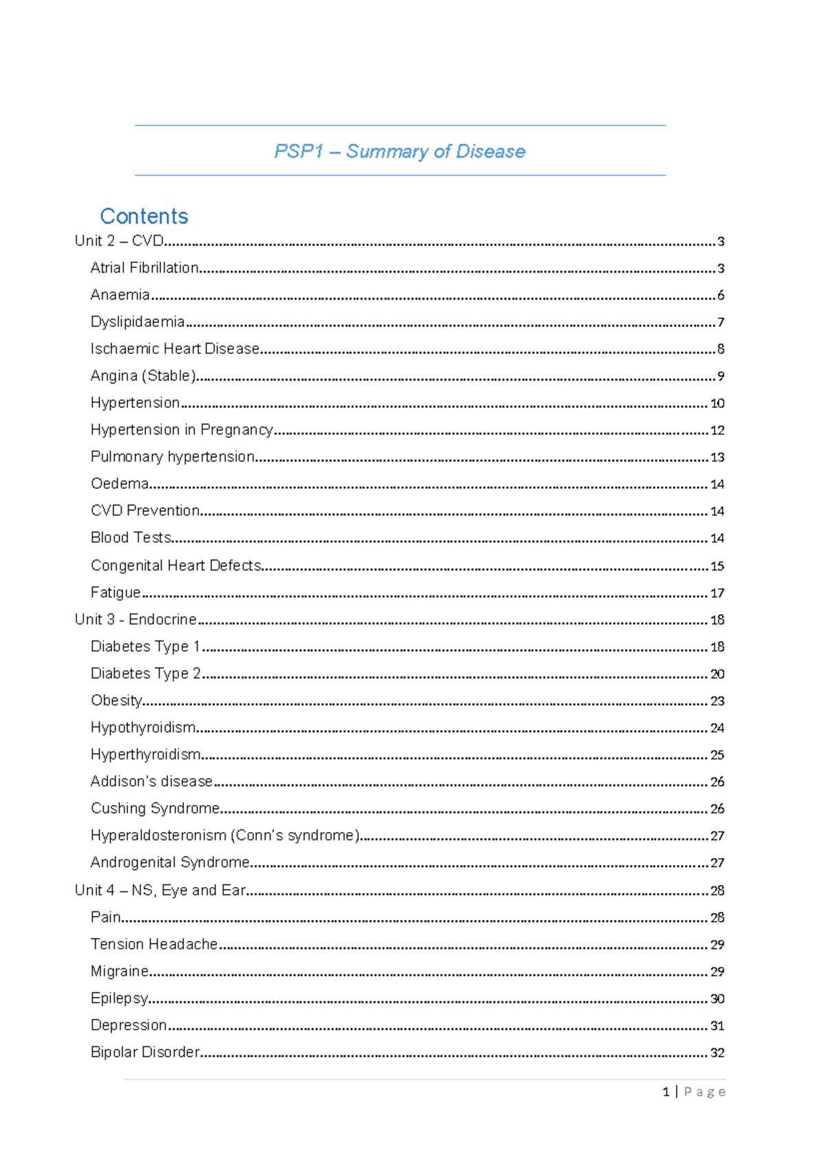 IPSP Summary of Diseases - PSP1 – Summary of Disease Unit 2 – - Studocu
