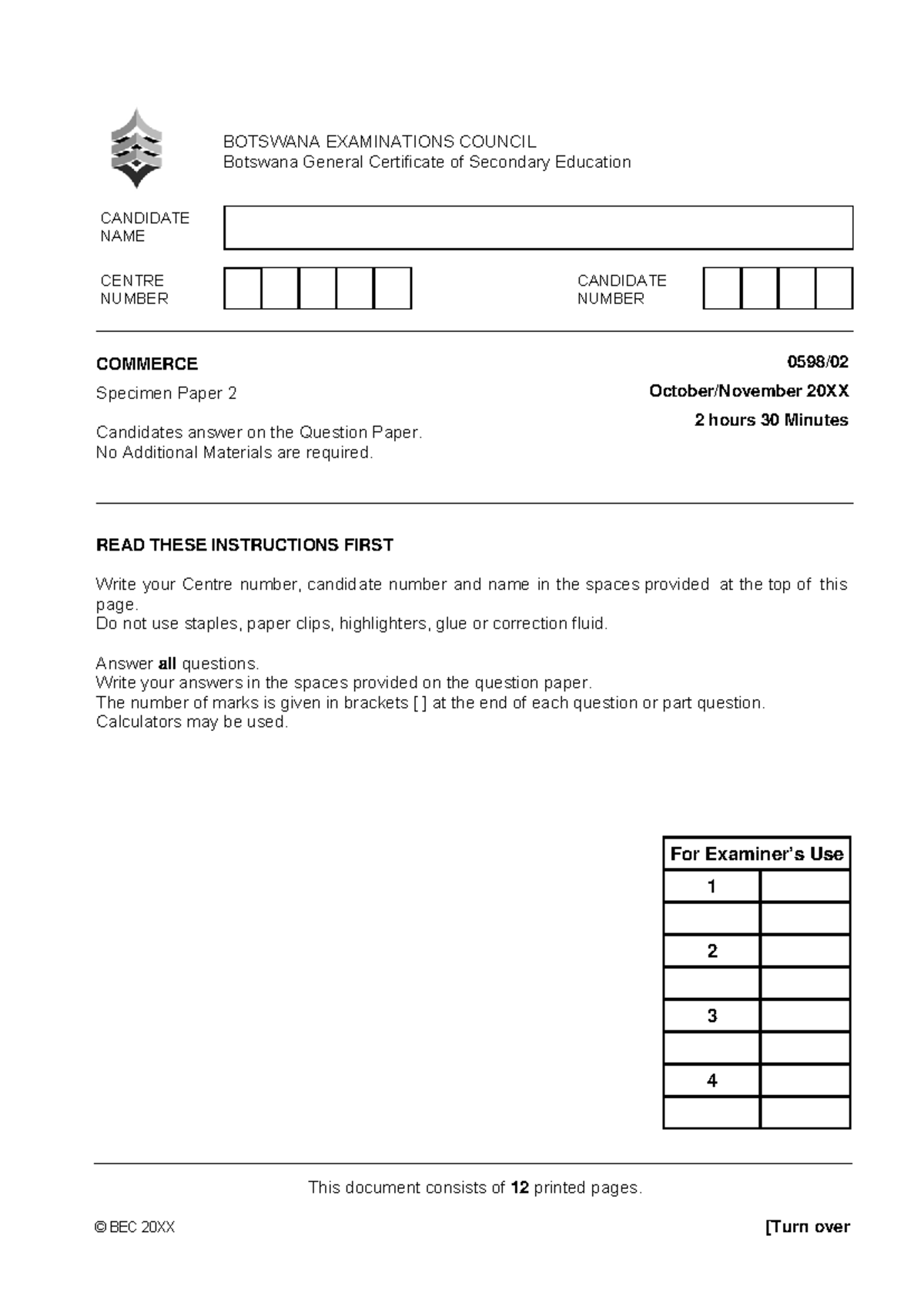 Commerce Specimen Paper 2 BEC 20XX: Exam Questions & Instructions - Studocu