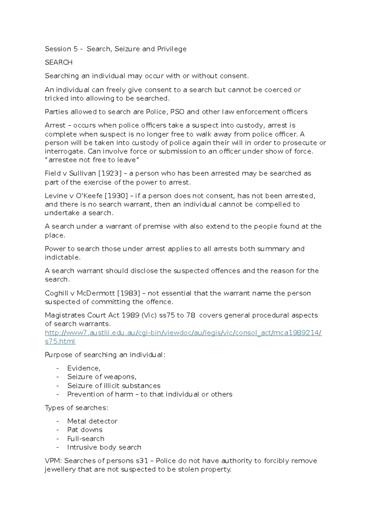 Session 5 notes - Session 5 - Search, Seizure and Privilege SEARCH ...
