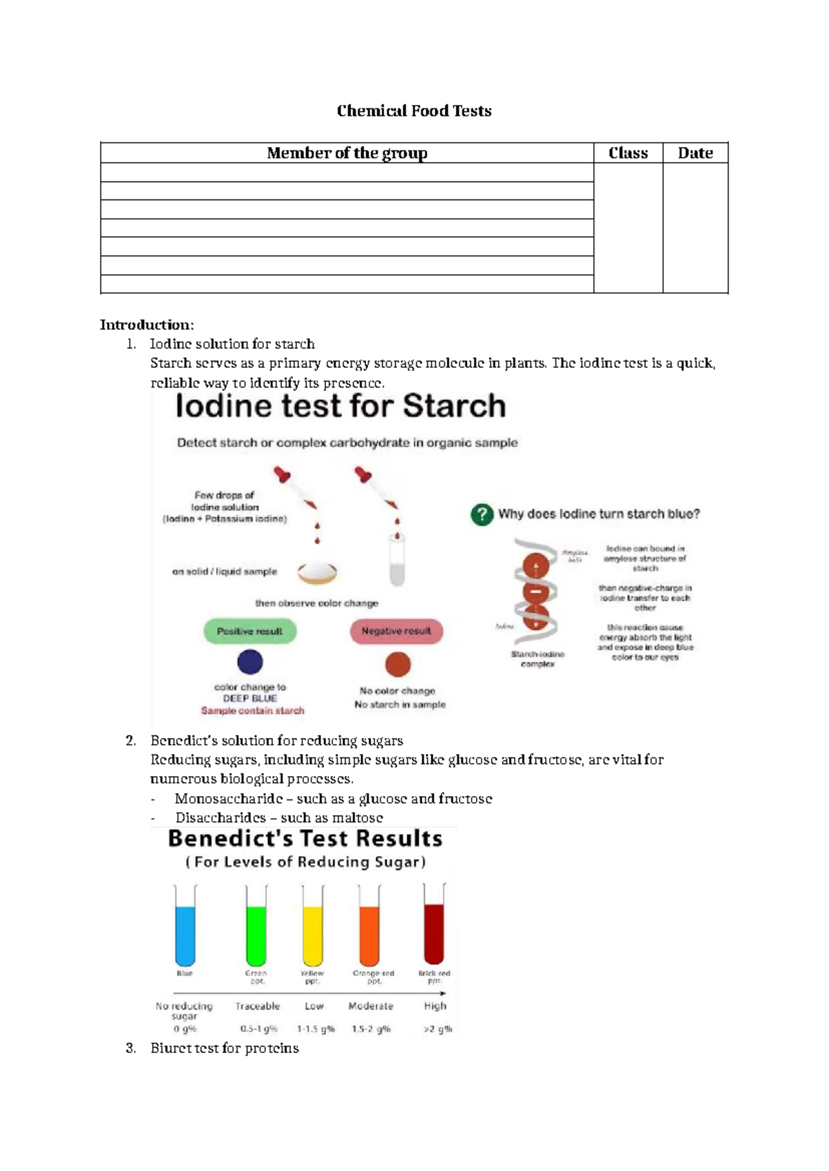 Food Test Investigation: Chemical Tests for Nutrients - Studocu