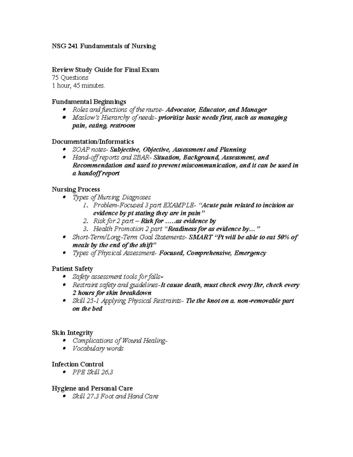 NSG 241 Final Exam Study Guide: Key Concepts & Practice Questions - Studocu
