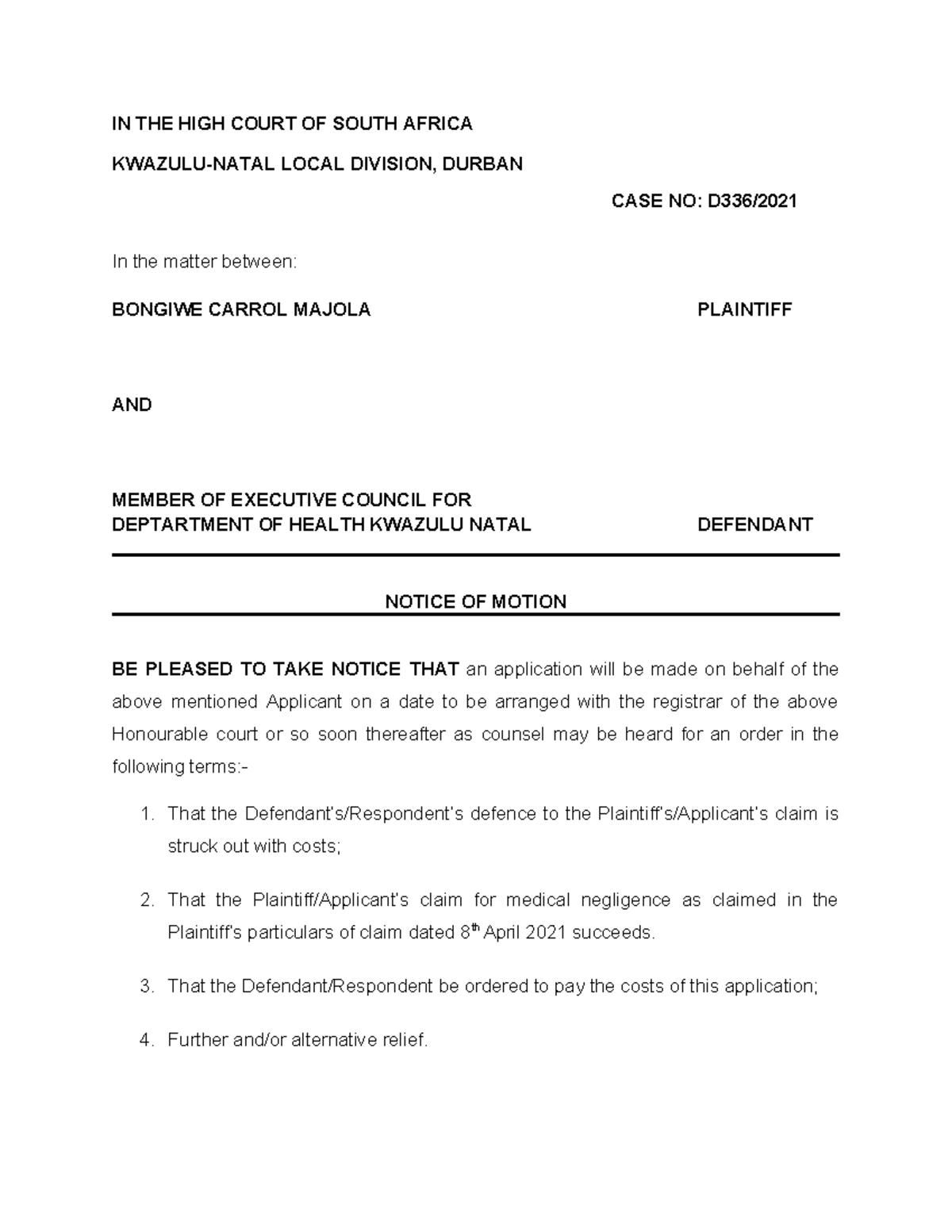 Application to Strike Out Defence - Case No: Durban High Court - Studocu