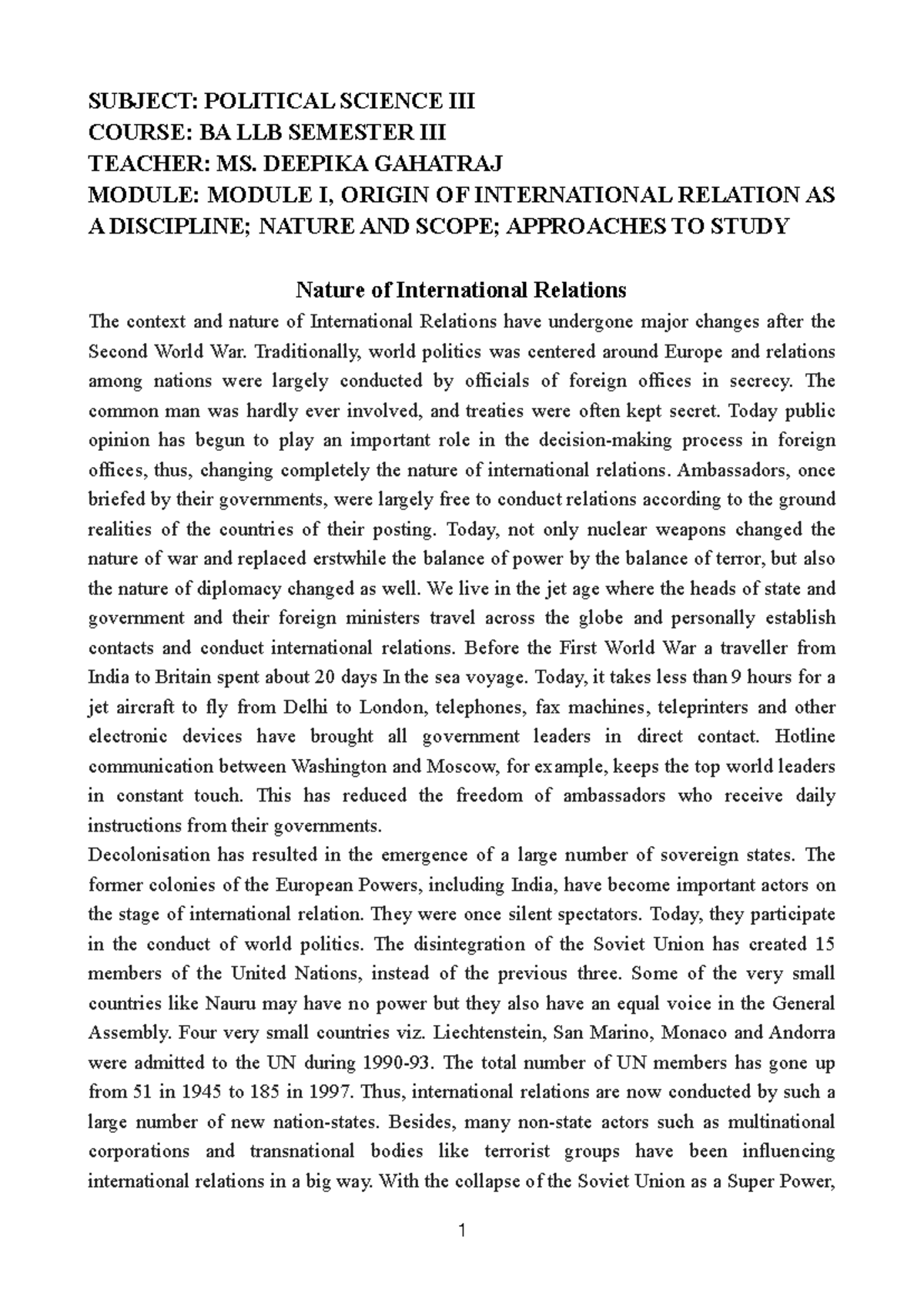 Nature and Scope of International Relations - POLITICAL SCIENCE III ...