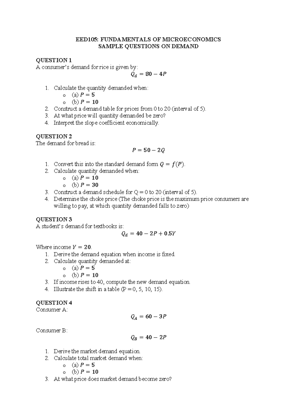 EED105: Demand Sample Questions and Calculations - Studocu
