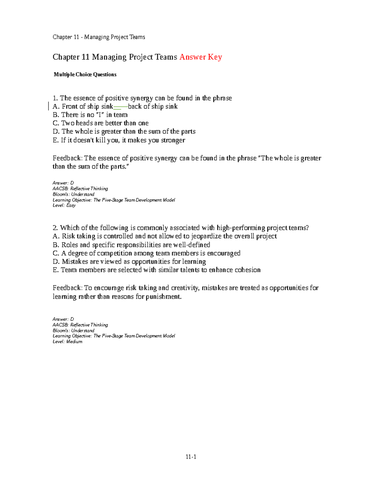Chap011 - Managing Project Teams Assignment Answer Key - Studocu