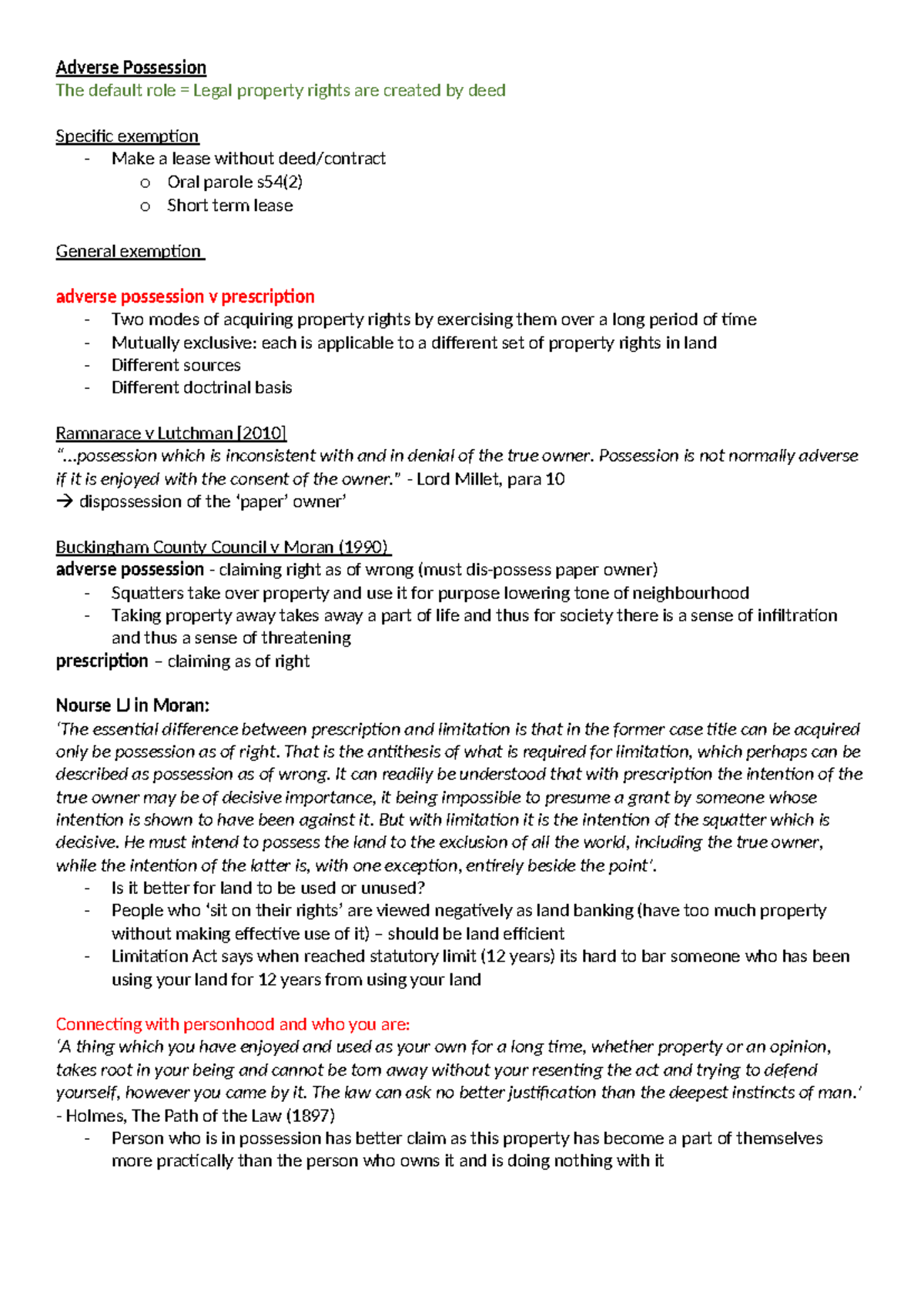 Land Law (LLB) Adverse Possession Lecture Notes - Studocu