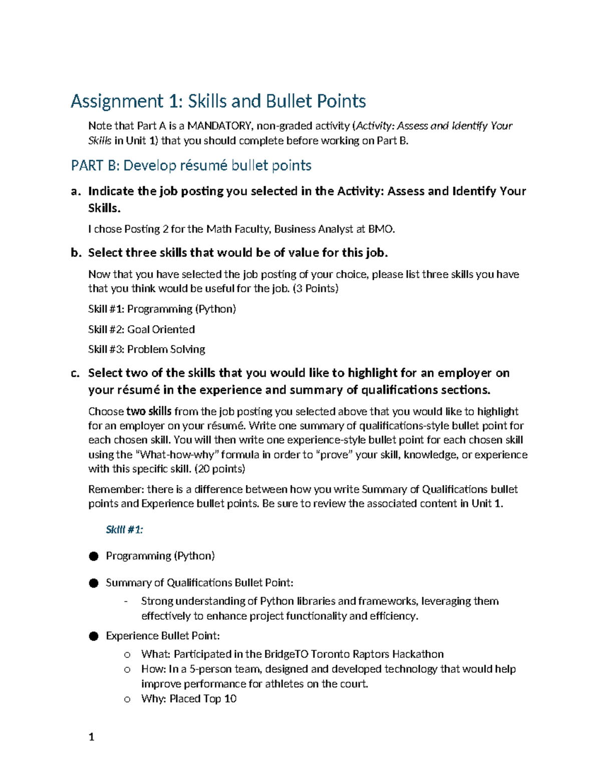 Assignment 1 (CS101) - Skills Assessment and Résumé Bullet Points - Studocu