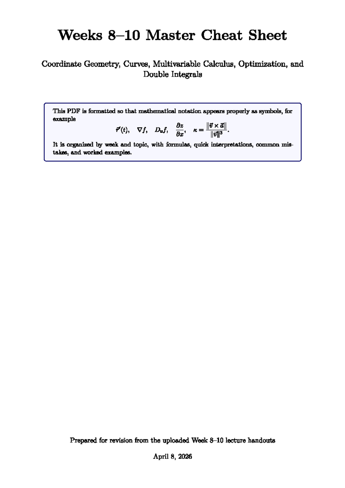 Weeks 8-10 Master Cheat Sheet for Engineering Mathematics (CA2) - Studocu