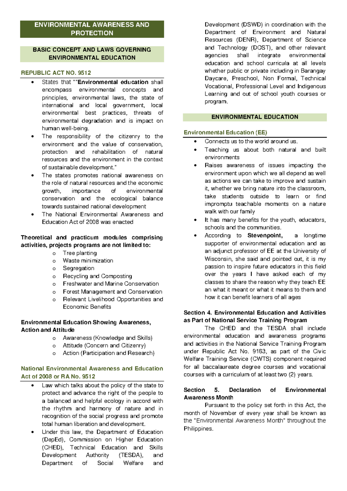 CWTS 1 Final Exam Review: Environmental Awareness and Law Overview ...