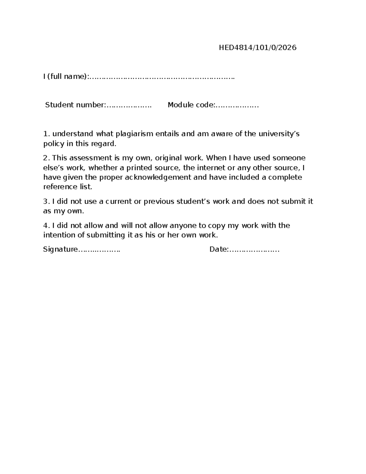 Psychology declaration form - HED4814/101/0/ I (full - Studocu