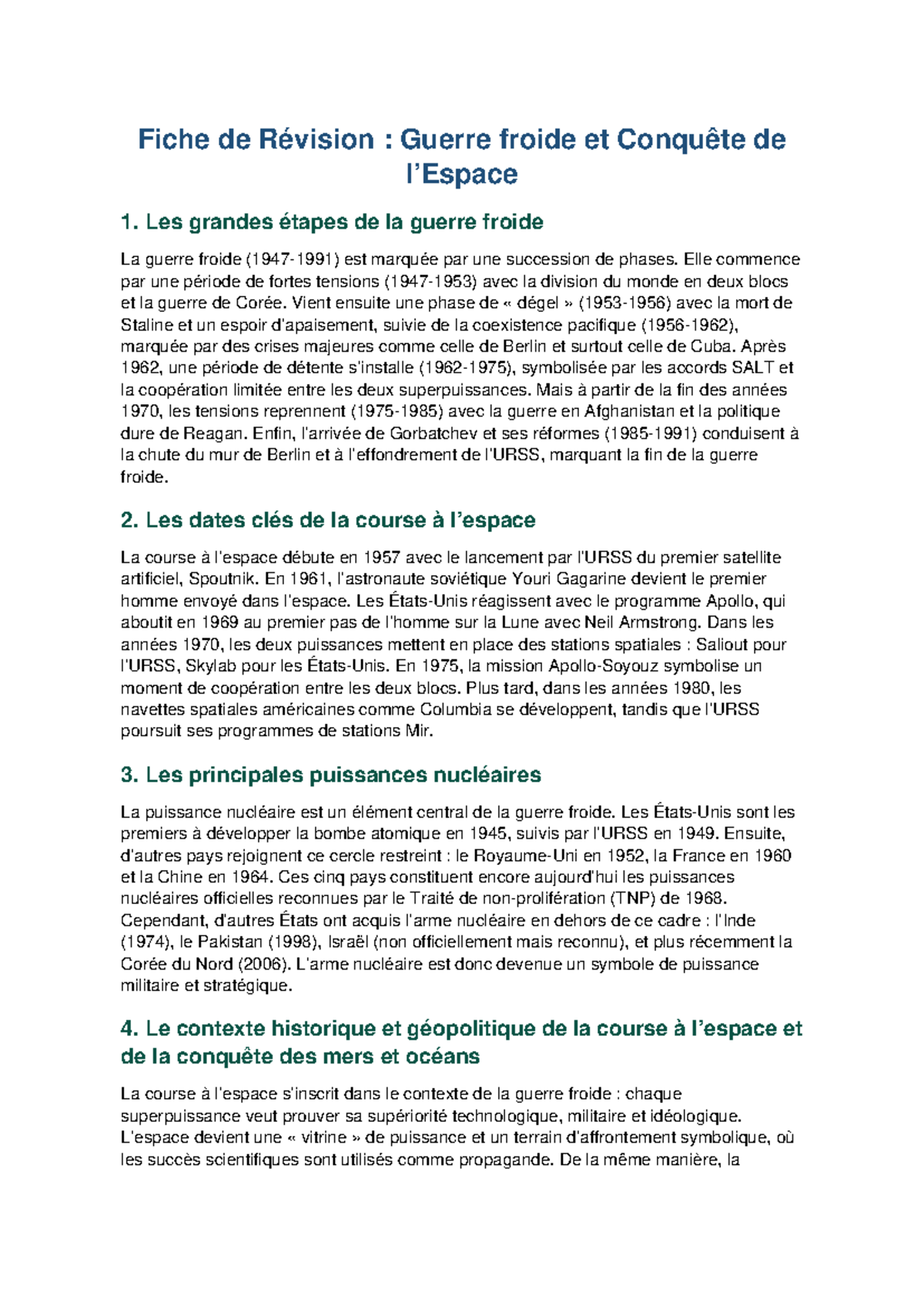 Fiche de Révision : Guerre Froide et Conquête Spatiale - Studocu