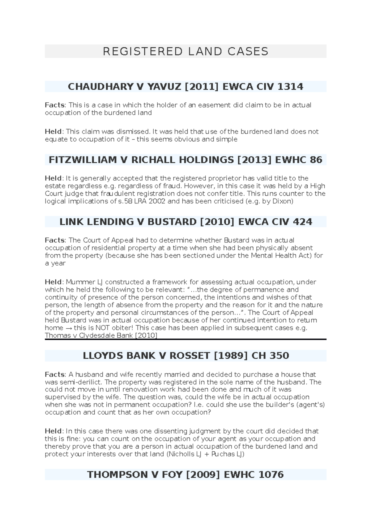 Summary of Registered Land Cases: Key Findings and Judgments - Studocu