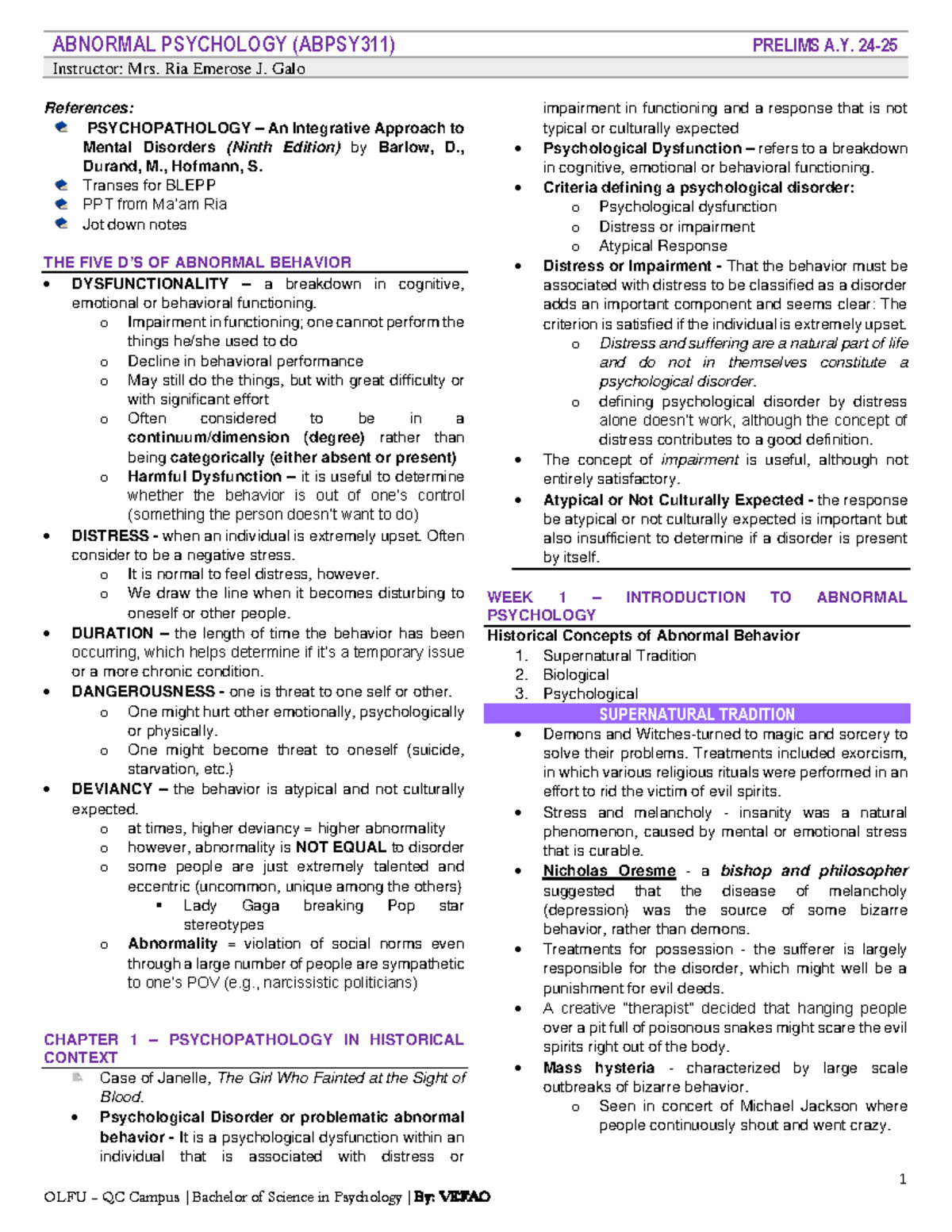 ABPS311 - Prelim Reviewer on Abnormal Psychology Concepts - Studocu