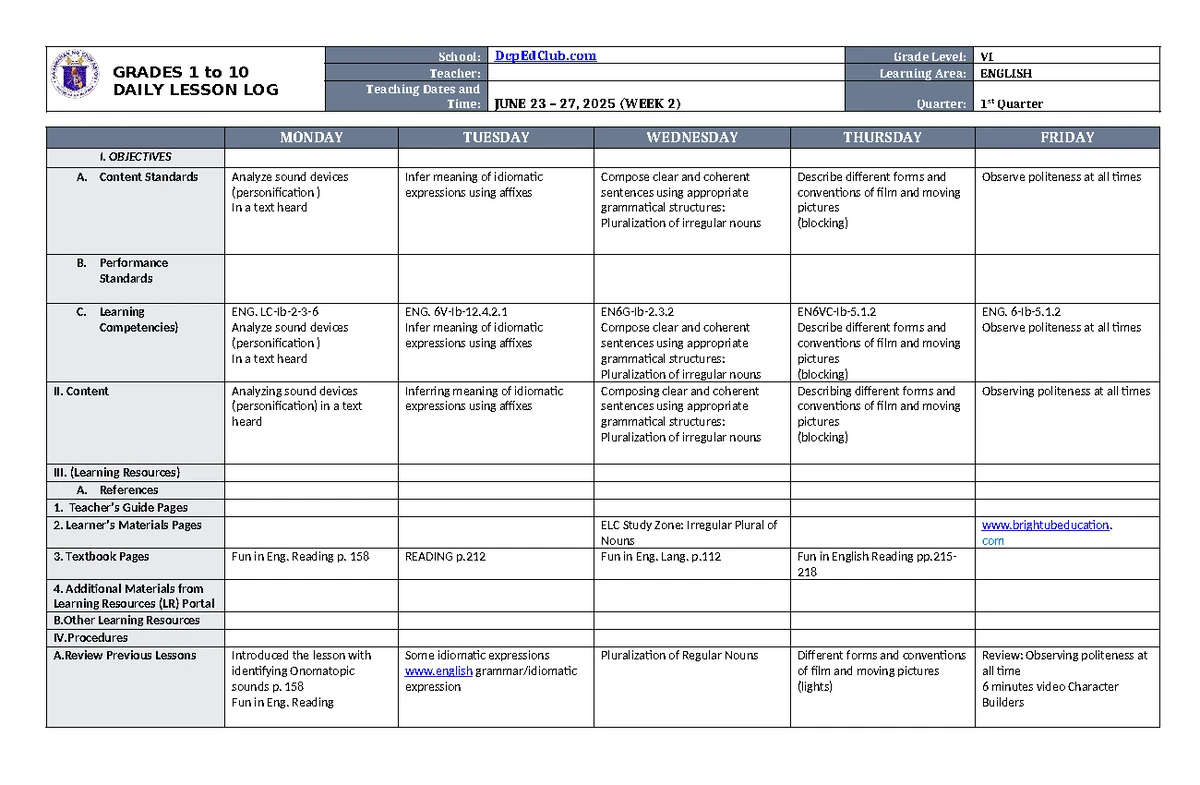 DLL ESP 6 Q1 W1: Daily Lesson Log for Grade 6 ESP - Studocu