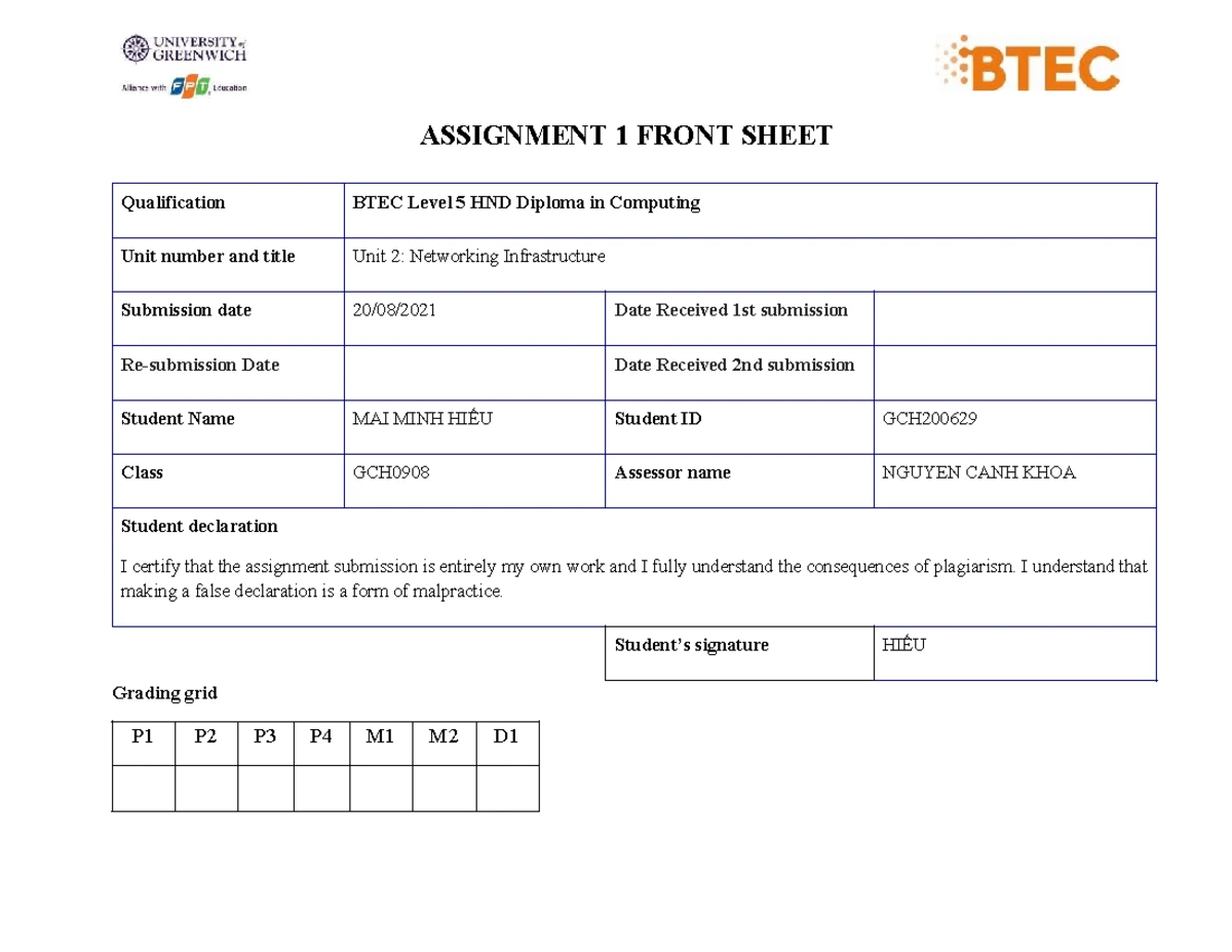 Unit 1: Programming Assignment 1 Front Sheet - BTEC Level 5 HND - Studocu