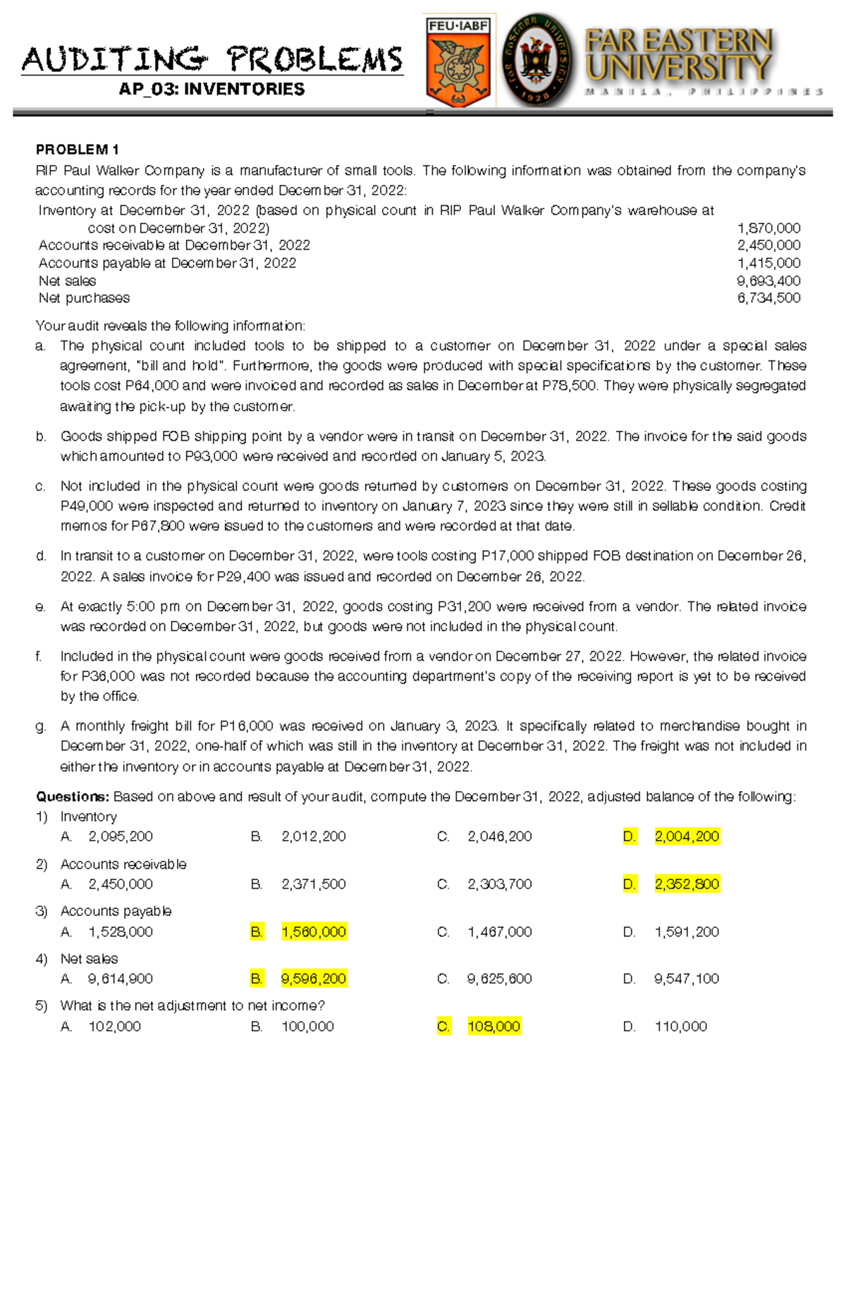 AP 03 Auditing Problems: Inventory Adjustments and Calculations - Studocu
