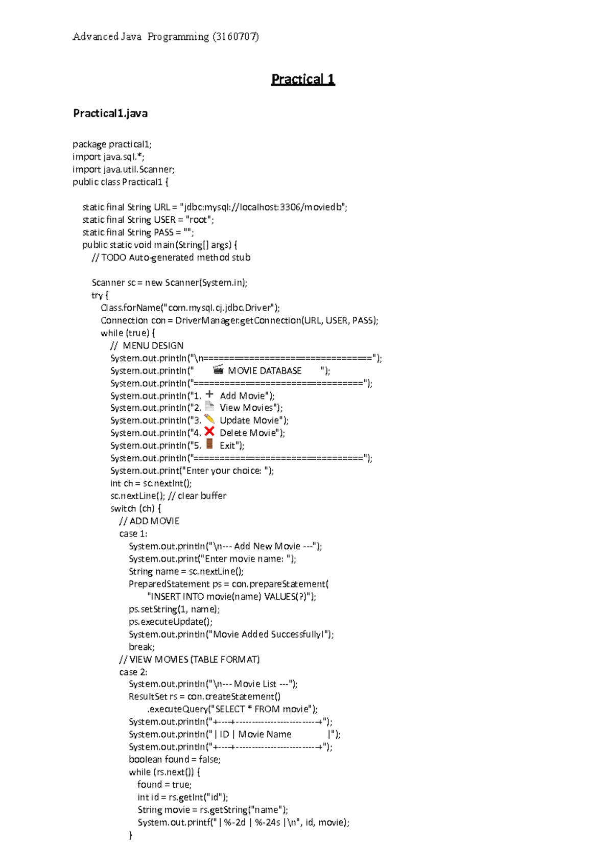 PRACTICAL 1 AJP: Java Movie Database Management Code - Studocu