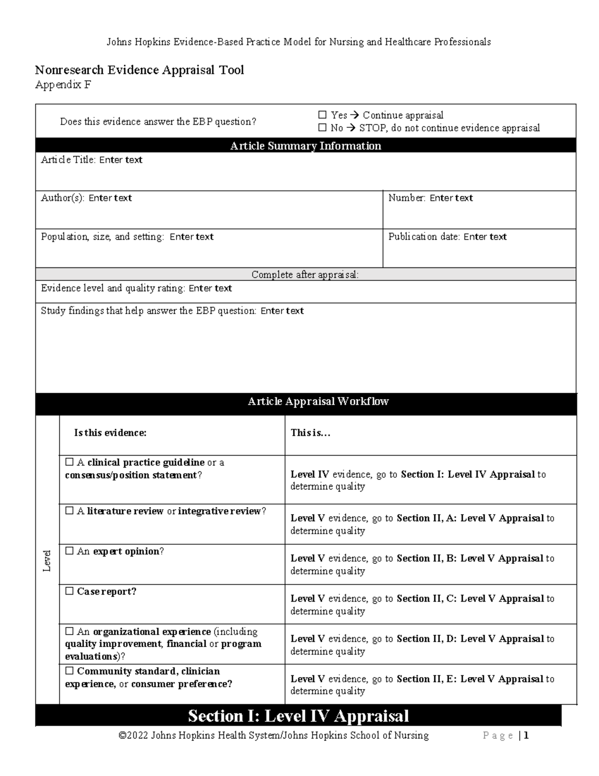 Appendix F - Non-research Tool - Nonresearch Evidence Appraisal Tool ...