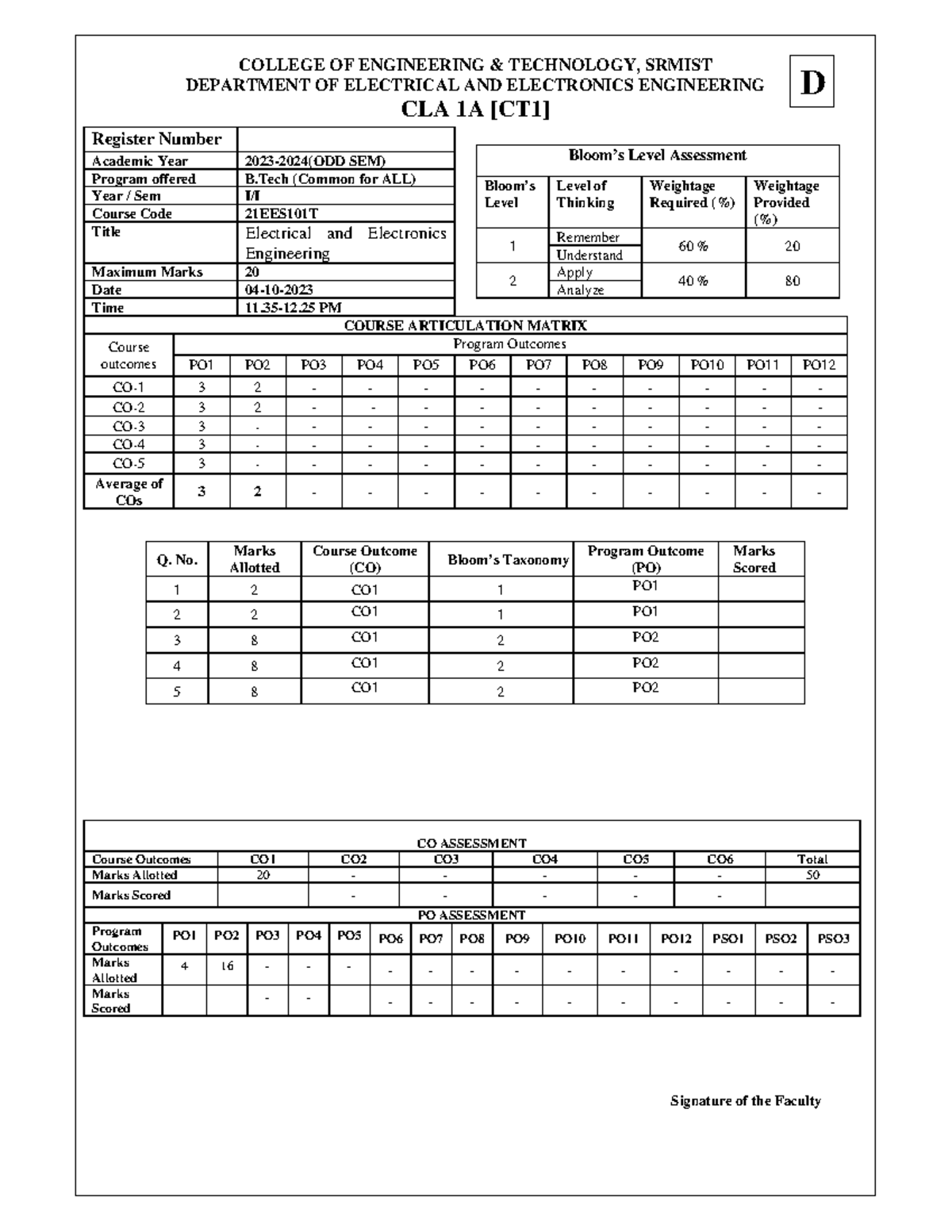 EEE 21EES101T CT-1 SET-D: Electrical Engineering Assessment - Studocu