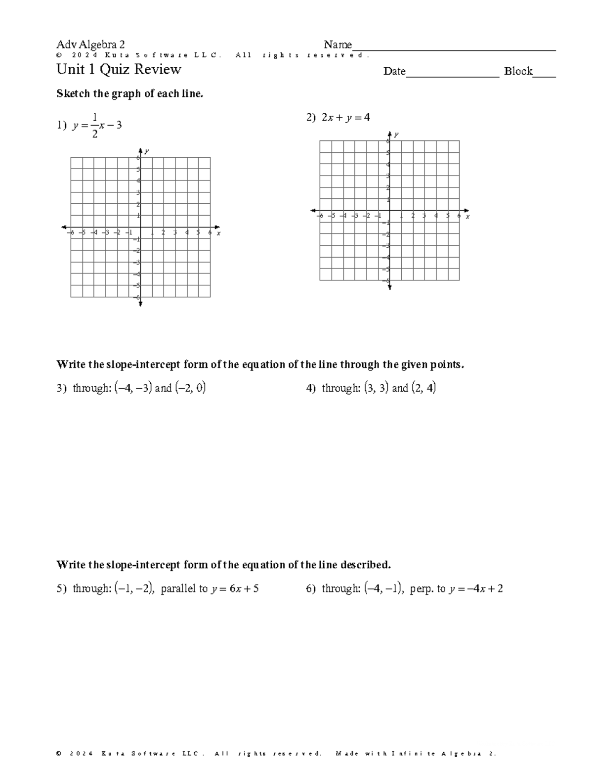 Infinite Algebra 2 - Adv Algebra Unit 1 Quiz Review Worksheet - ©R o 2 ...