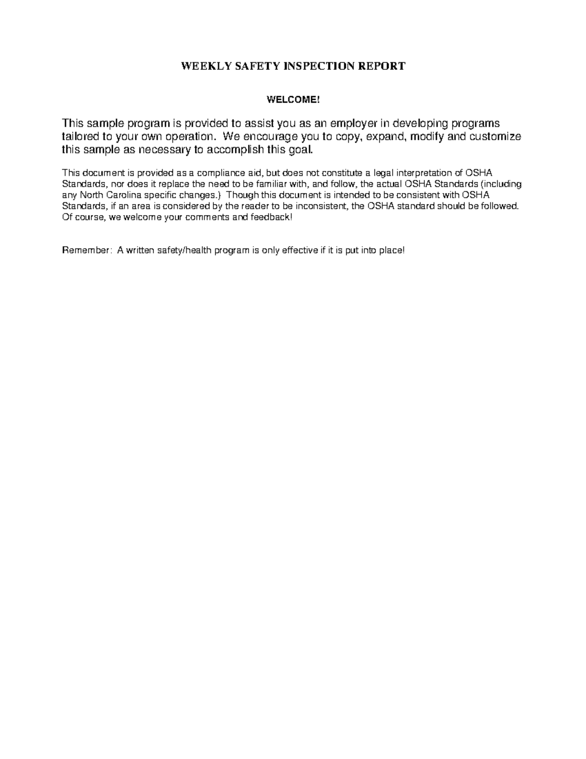 Weekly Safety Inspection Report Template - Compliance Aid Guidelines ...
