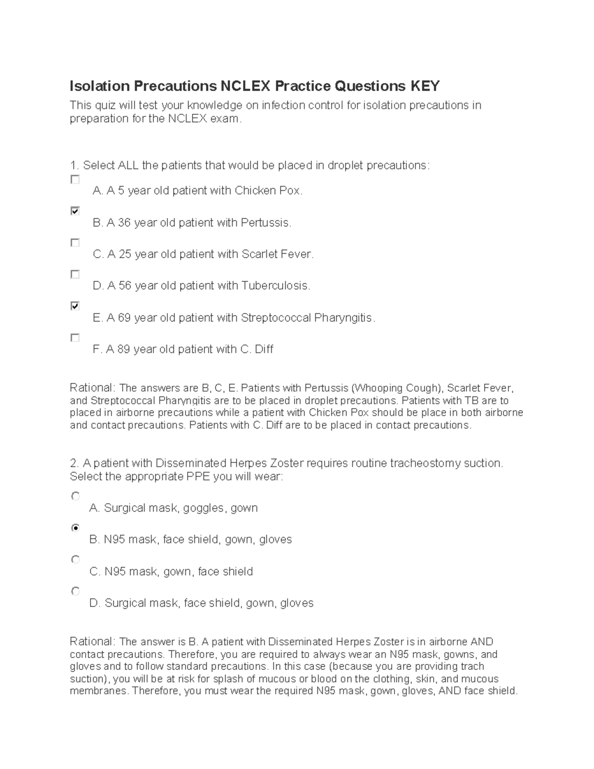 Isolation Precautions NCLEX Practice Questions (KEY) - Studocu