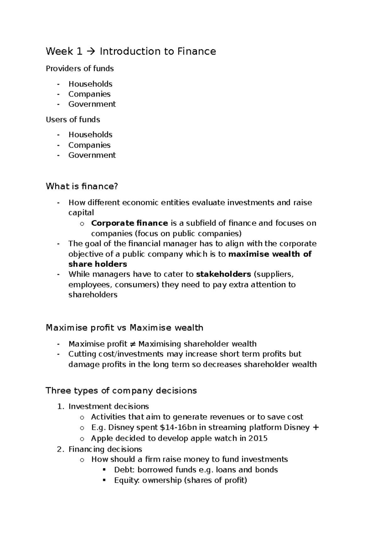 Corporate Finance 1: Week 1 Introduction to Financial Management - Studocu