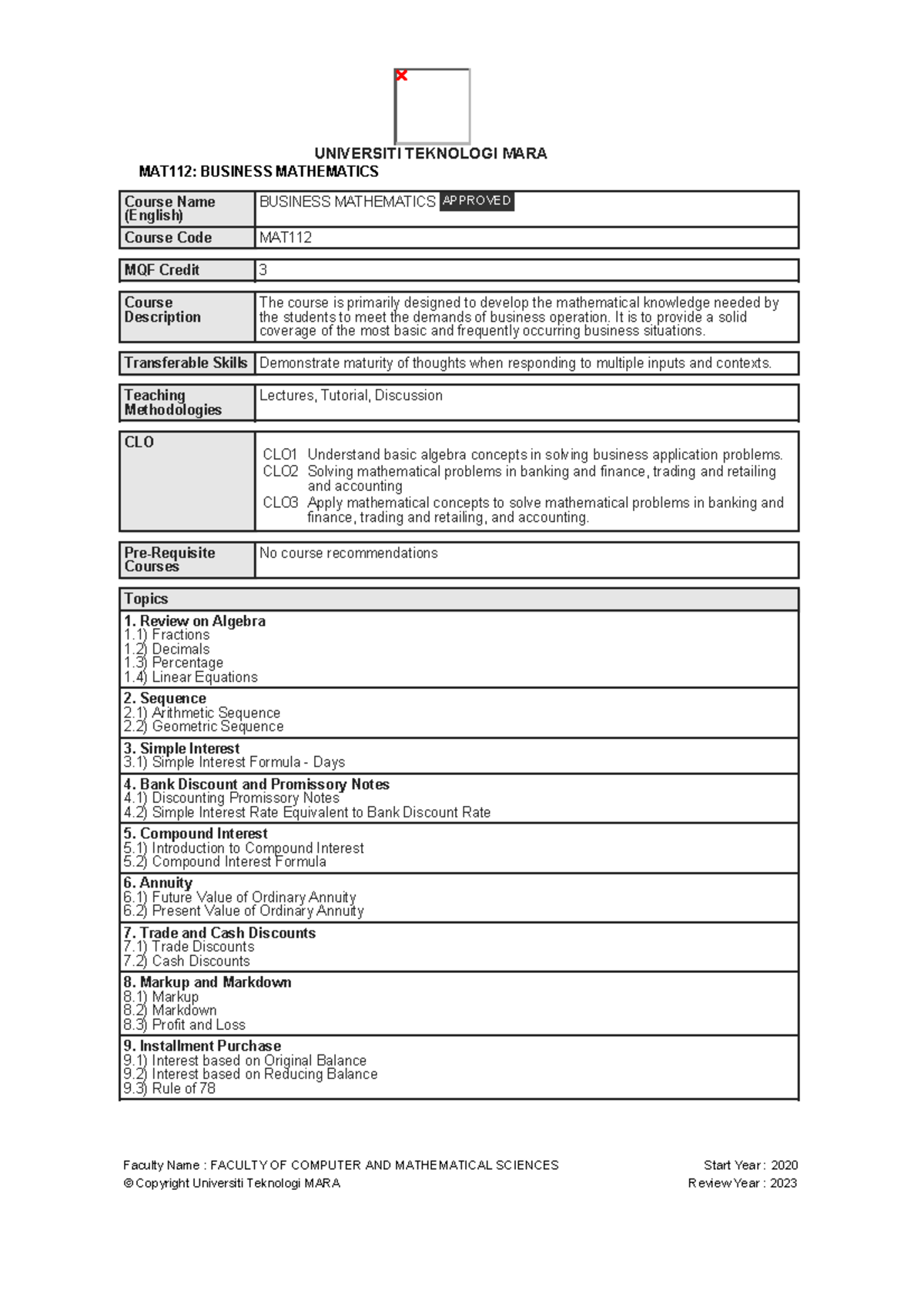 Course Business Mathematics - UiTM - Studocu