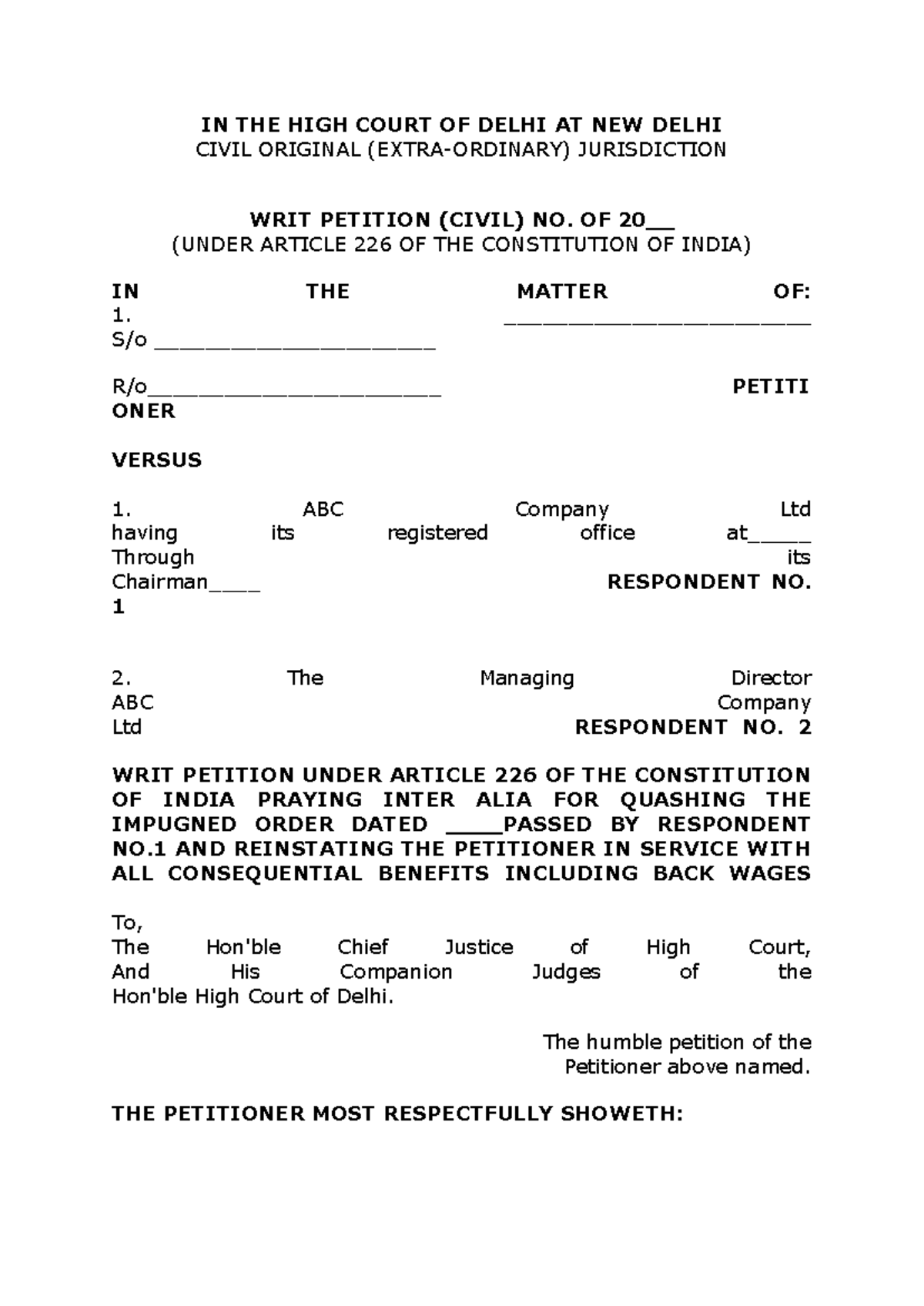 Writ Petition (Civil) No. ___/20__ for Quashing Termination Order - Studocu