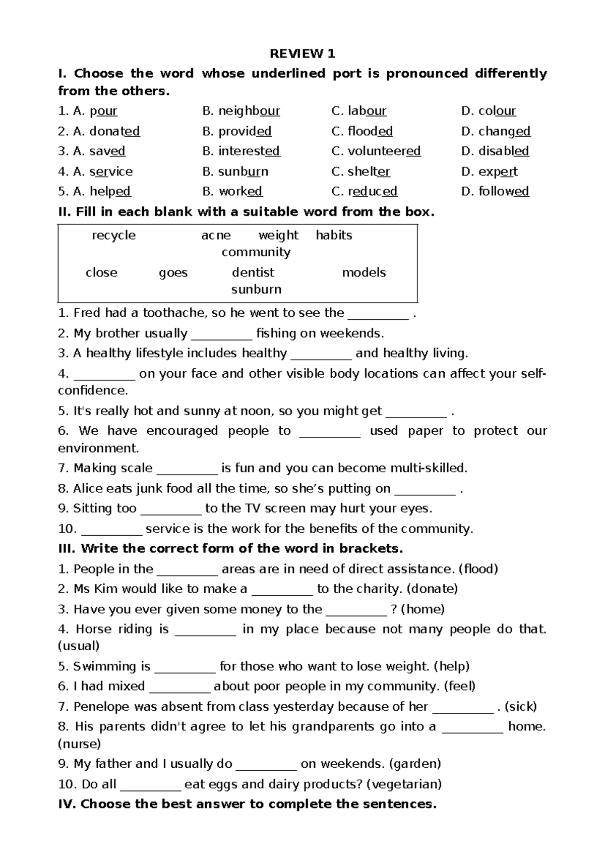 Review 1 (UNIT 1-2-3) - Pronunciation, Vocabulary & Grammar Exercises ...