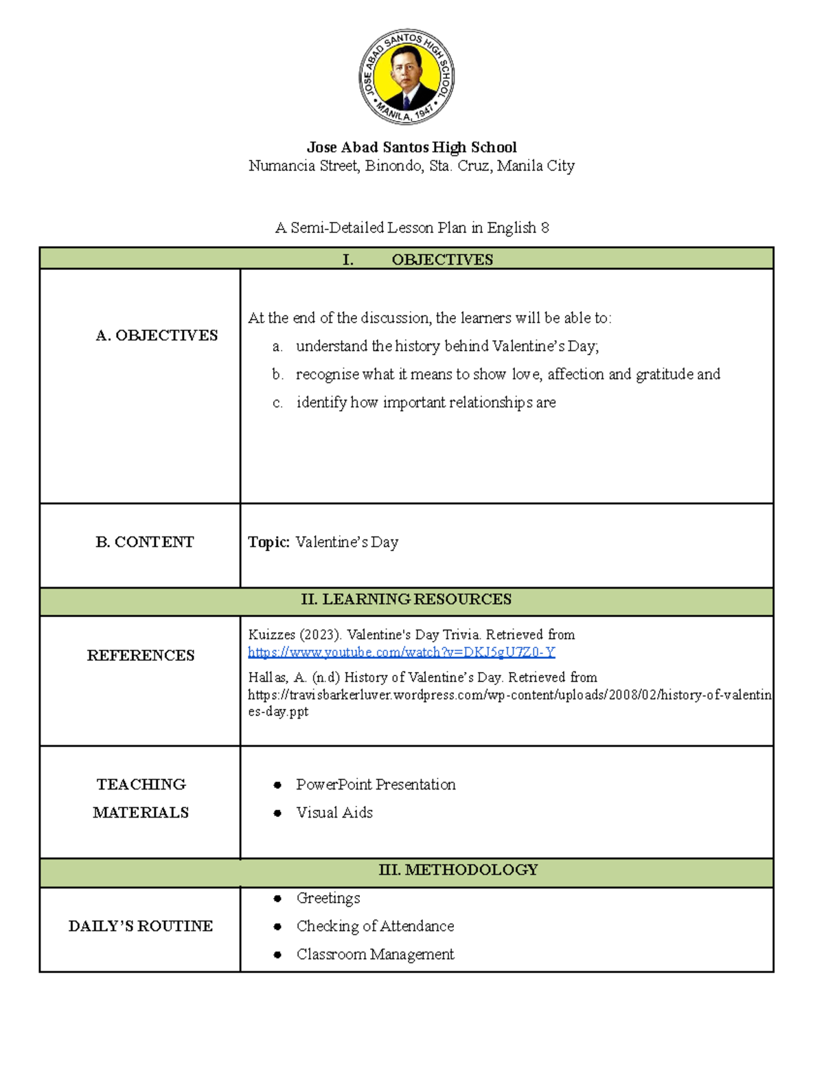 Lesson Plan in English - Jose Abad Santos High School Numancia Street ...