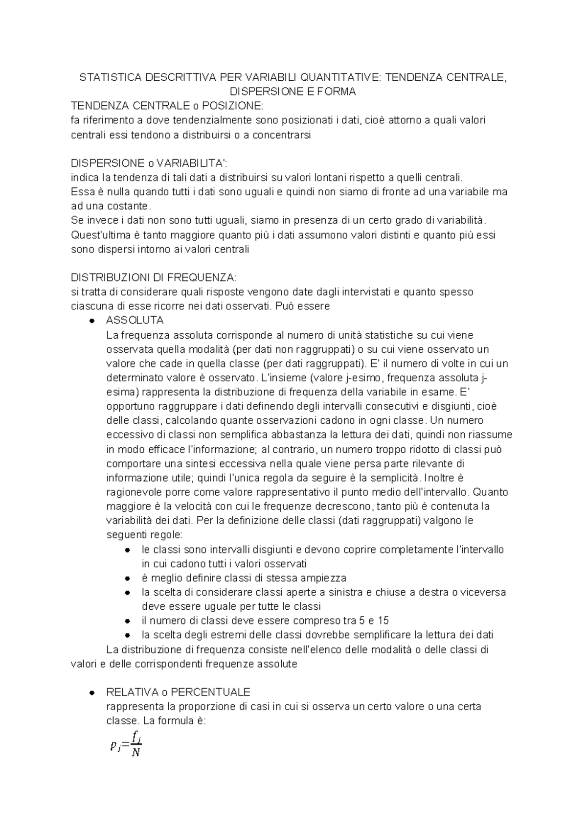 STATISTICA DESCRITTIVA: Tendenze Centrali e Misure di Dispersione - Studocu