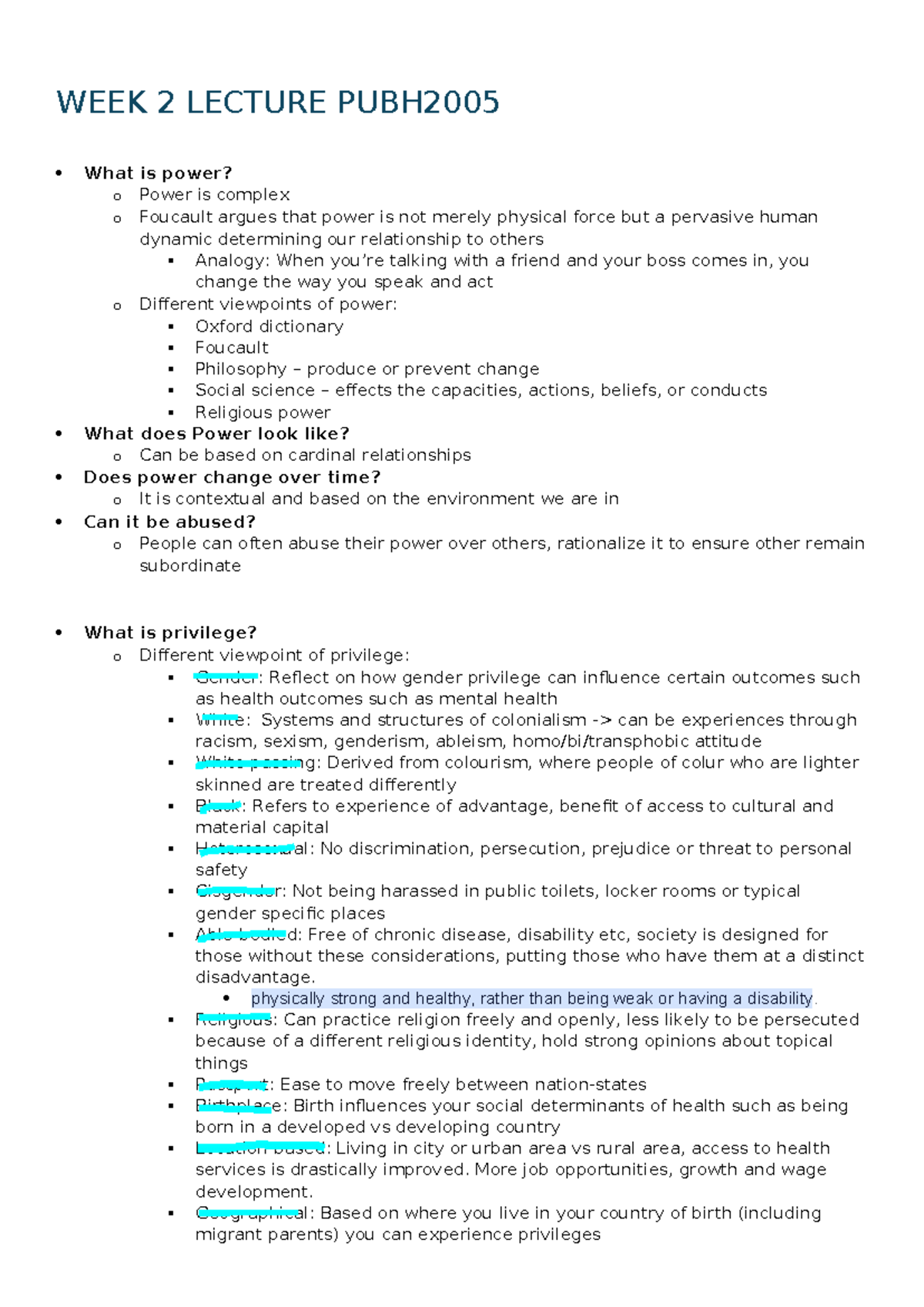 PUBH 101 Week 2 Lecture Notes on Power, Privilege, and Consent - Studocu